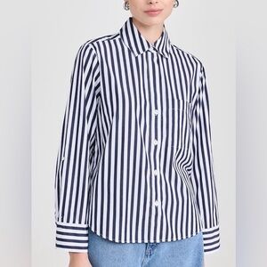 Madewell Easy Y Neck Button Up Blue White Stripe Button Up Blouse top XL